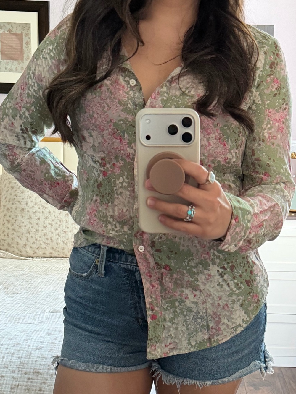 J. Crew Green & Pink Watercolor Floral Button-Up
